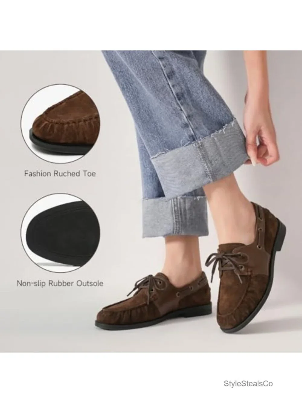 Genuine Leather Suede Loafers, Ruched Mocc, Lace-Up Slip On Shoes, Comfortable